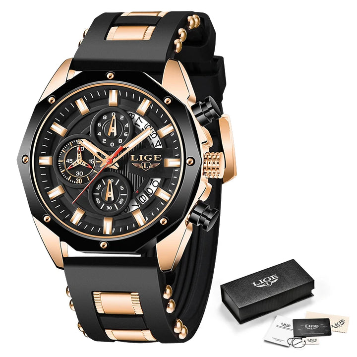 LIGE Brand Watch Men Silcone Sports Watches Men's Army Military Quartz Wristwatch Chronograph Male Clock Relogio Masculino+BOX
