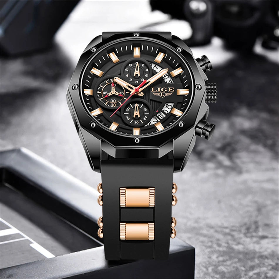 LIGE Brand Watch Men Silcone Sports Watches Men's Army Military Quartz Wristwatch Chronograph Male Clock Relogio Masculino+BOX