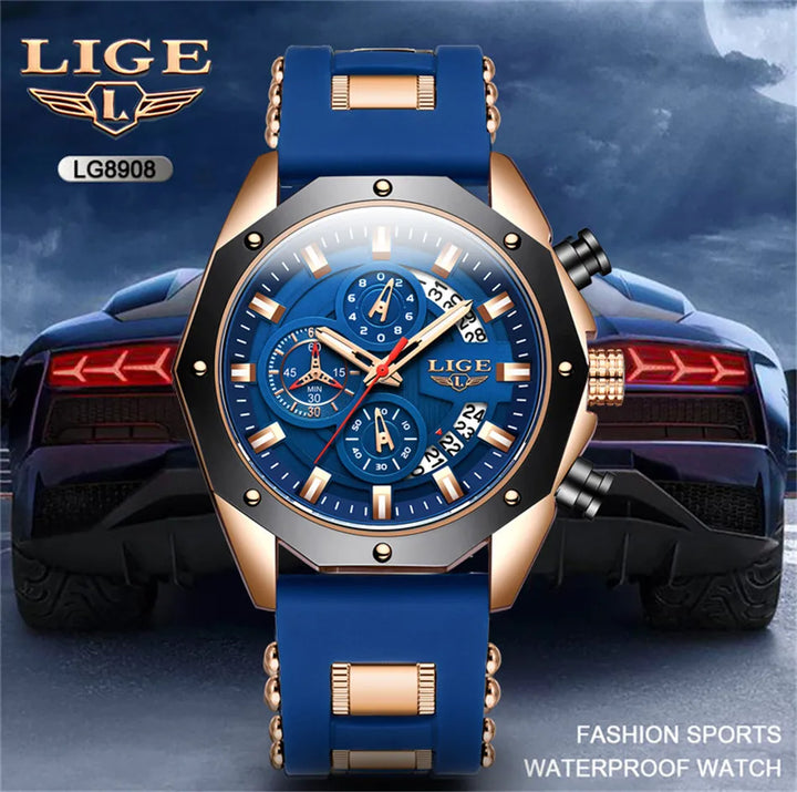 LIGE Brand Watch Men Silcone Sports Watches Men's Army Military Quartz Wristwatch Chronograph Male Clock Relogio Masculino+BOX