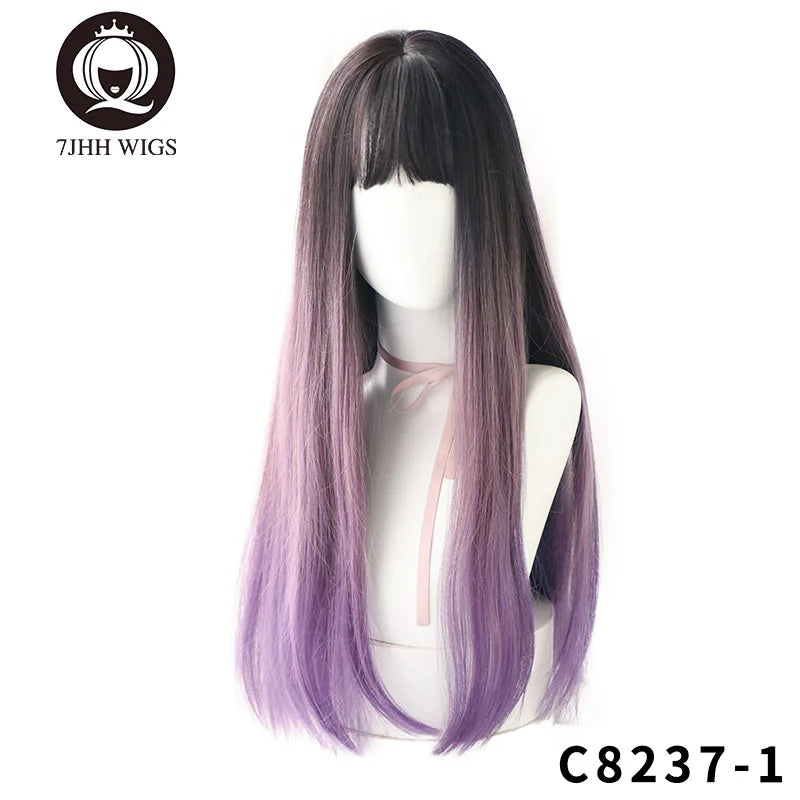 7JHHWIGS Long Wavy Synthetic Black Wigs For Women With Fringe Fashion Heat Resistant Mid-Length Daily Straight Light Brown Hair