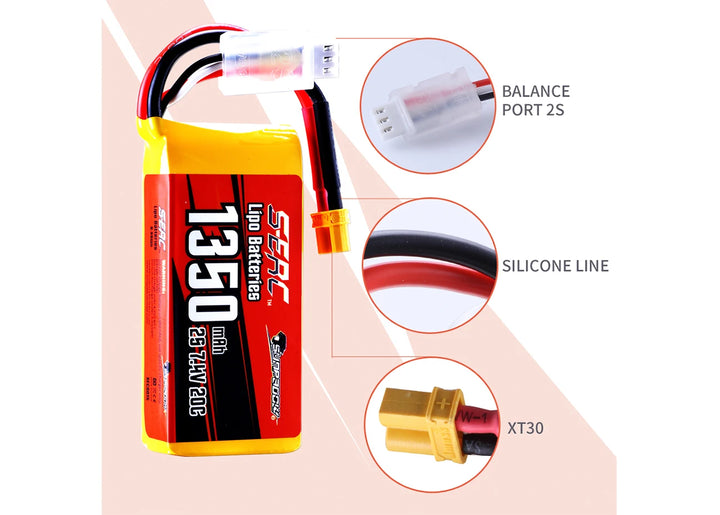 2packs Sunpadow 2S 7.4V Lipo Battery 900mAh 1350mAh 20C 25C Soft Pack with JST XT30 Plug for RC Airplane Quadcopter Helicopter