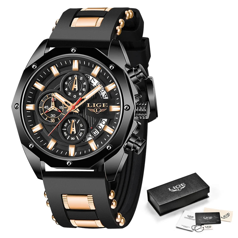 LIGE Brand Watch Men Silcone Sports Watches Men's Army Military Quartz Wristwatch Chronograph Male Clock Relogio Masculino+BOX