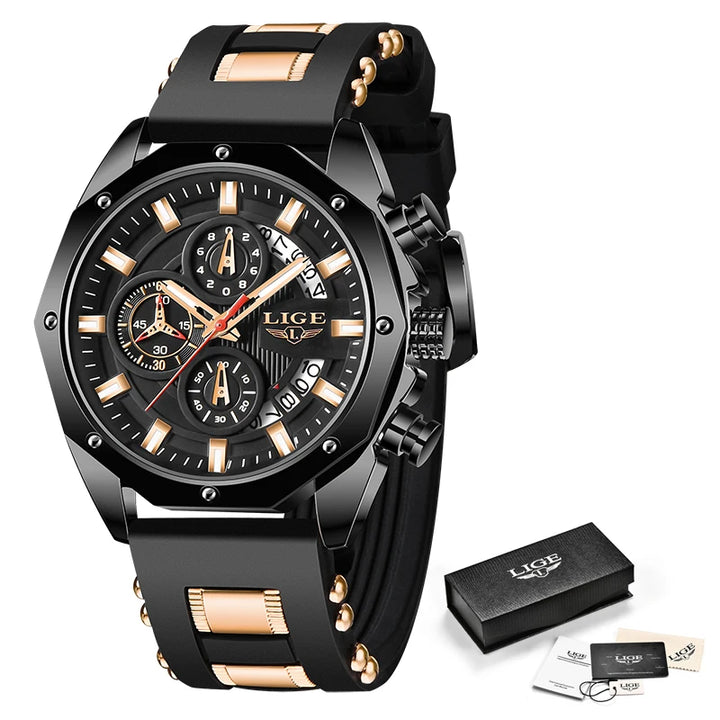 LIGE Brand Watch Men Silcone Sports Watches Men's Army Military Quartz Wristwatch Chronograph Male Clock Relogio Masculino+BOX