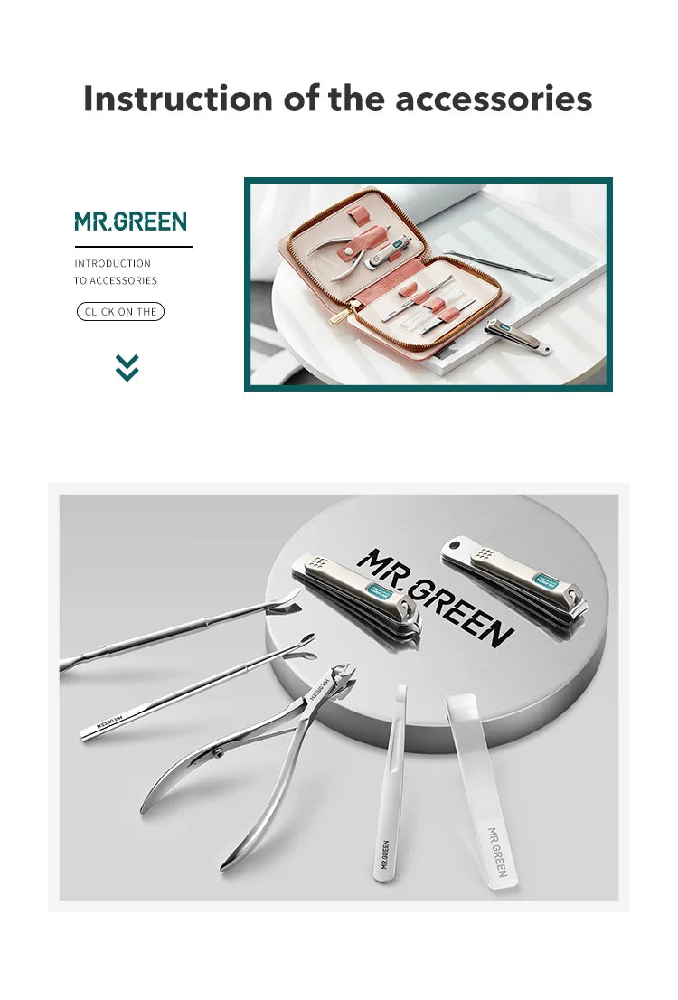 MR.GREEN Manicure Set Pedicure Sets Nail Clippers Tools Stainless Steel Professional Nail Scissors Cutter Travel Case Kit 7in1