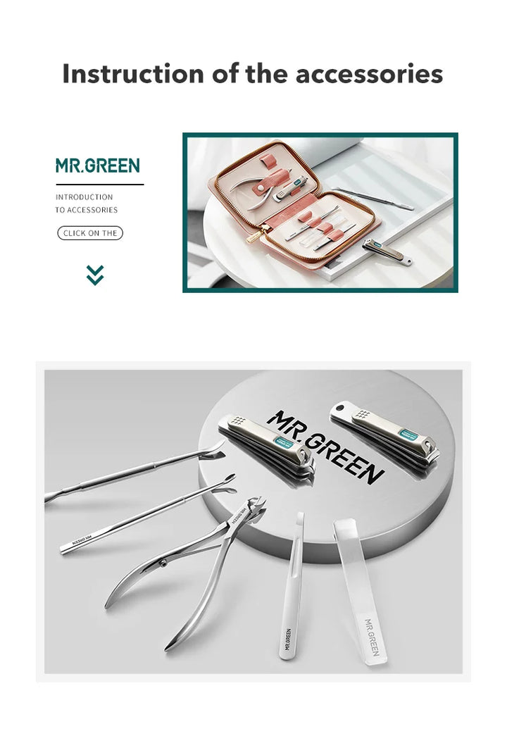 MR.GREEN Manicure Set Pedicure Sets Nail Clippers Tools Stainless Steel Professional Nail Scissors Cutter Travel Case Kit 7in1