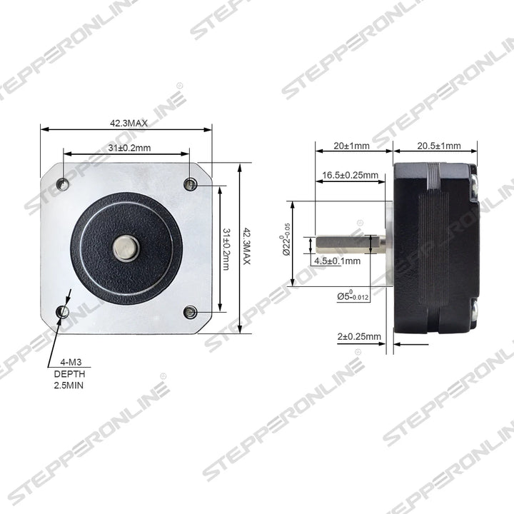 STEPPERONLINE 17HS08-1004S Nema 17 Stepper Motor 20.5mm 16Ncm 1A 42 Step Motor 4-Lead for Extruder CNC XYZ 3D Printer