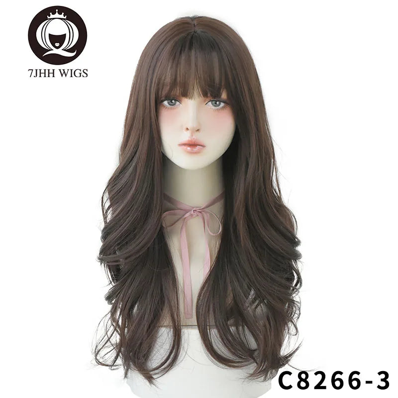 7JHHWIGS Long Wavy Synthetic Black Wigs For Women With Fringe Fashion Heat Resistant Mid-Length Daily Straight Light Brown Hair