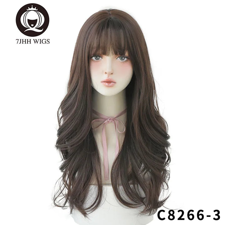 7JHHWIGS Long Wavy Synthetic Black Wigs For Women With Fringe Fashion Heat Resistant Mid-Length Daily Straight Light Brown Hair