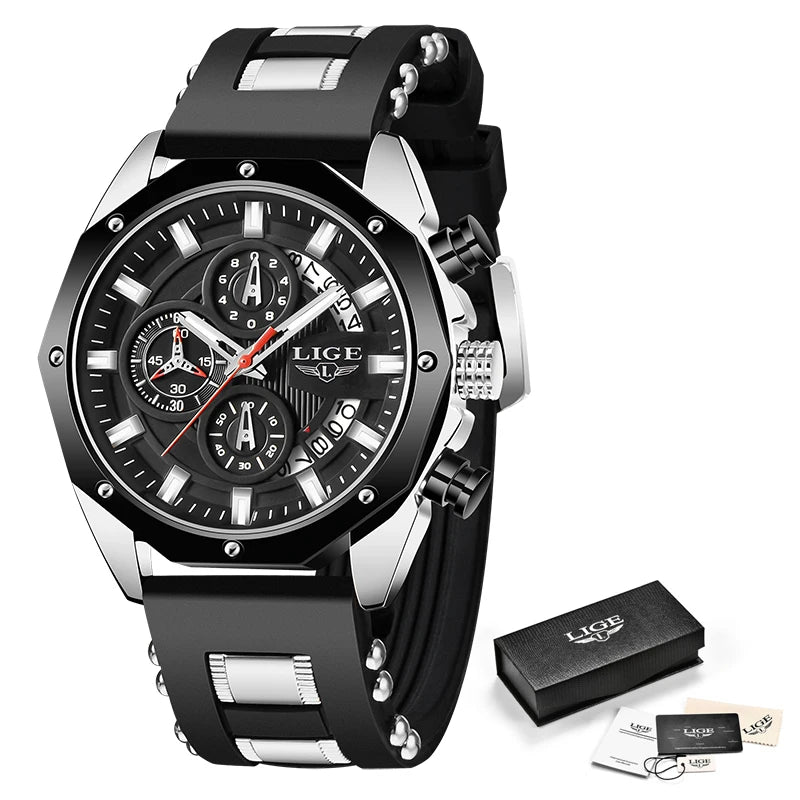 LIGE Brand Watch Men Silcone Sports Watches Men's Army Military Quartz Wristwatch Chronograph Male Clock Relogio Masculino+BOX