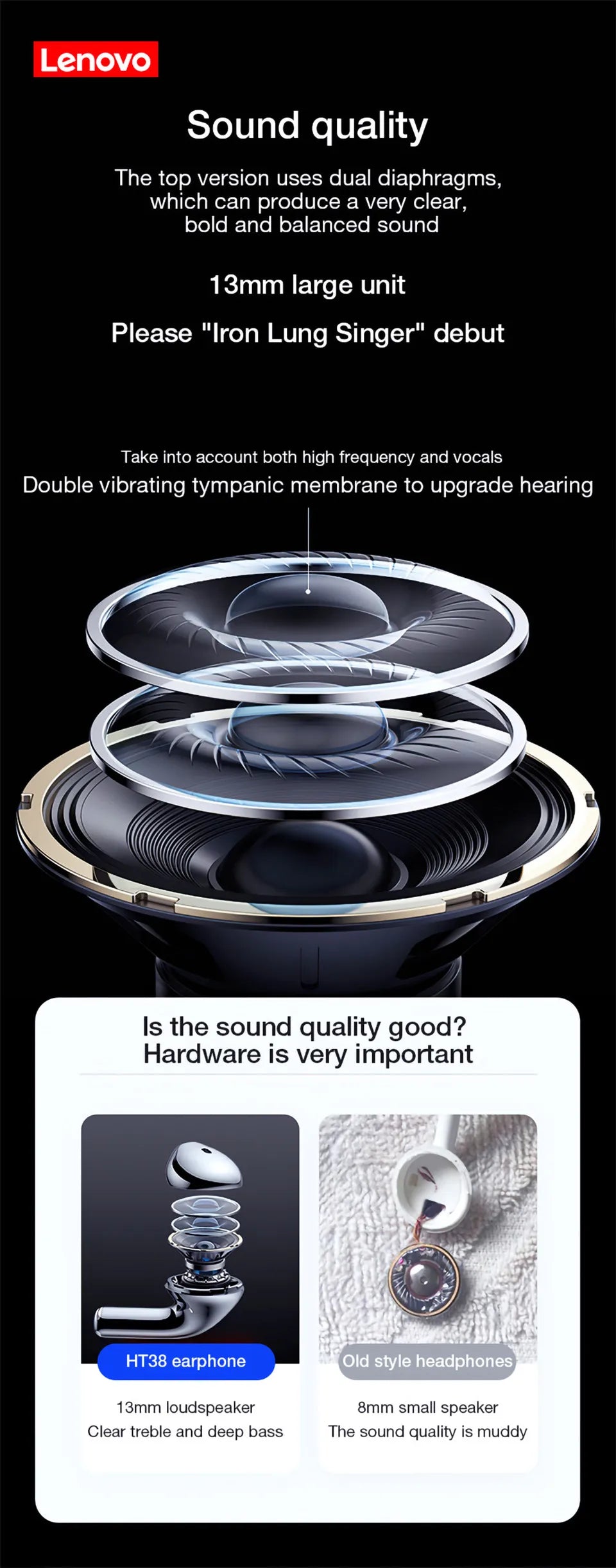 Original Lenovo HT38 TWS Earphone Wireless Bluetooth 5.0 Headphones Stereo Bass With Microphone Noise Reduction Mini Headset