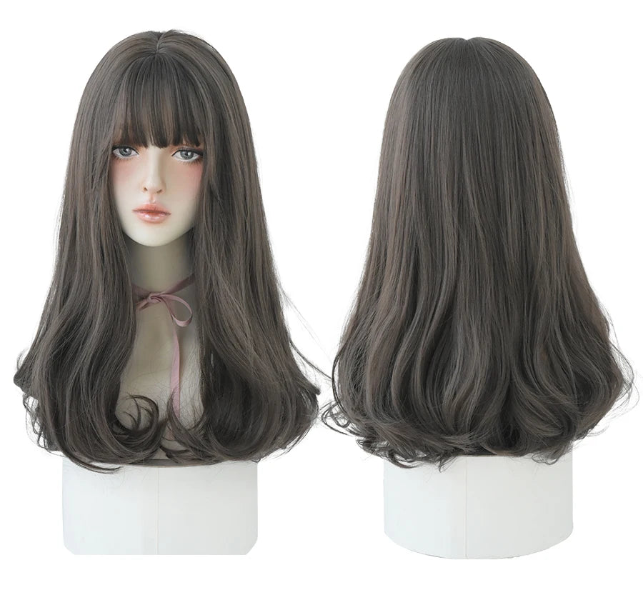 7JHHWIGS Long Wavy Synthetic Black Wigs For Women With Fringe Fashion Heat Resistant Mid-Length Daily Straight Light Brown Hair