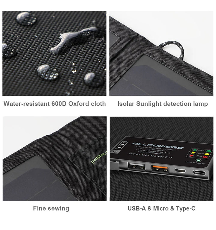 ALLPOWERS Flexible Foldable Solar Panel 5V 18V High Efficience Solar Battery Charger 21W Solar Phone Charger for Travel Iphone