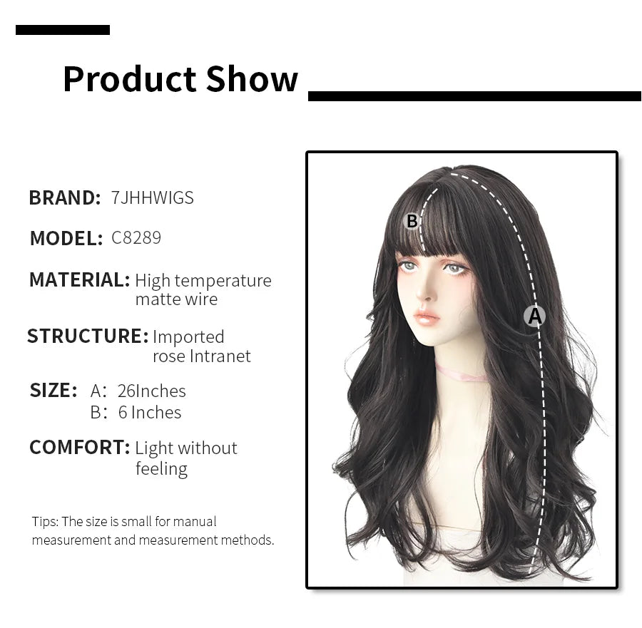 7JHHWIGS Long Wavy Synthetic Black Wigs For Women With Fringe Fashion Heat Resistant Mid-Length Daily Straight Light Brown Hair