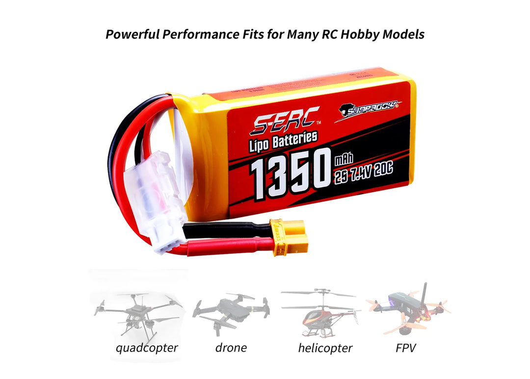 2packs Sunpadow 2S 7.4V Lipo Battery 900mAh 1350mAh 20C 25C Soft Pack with JST XT30 Plug for RC Airplane Quadcopter Helicopter