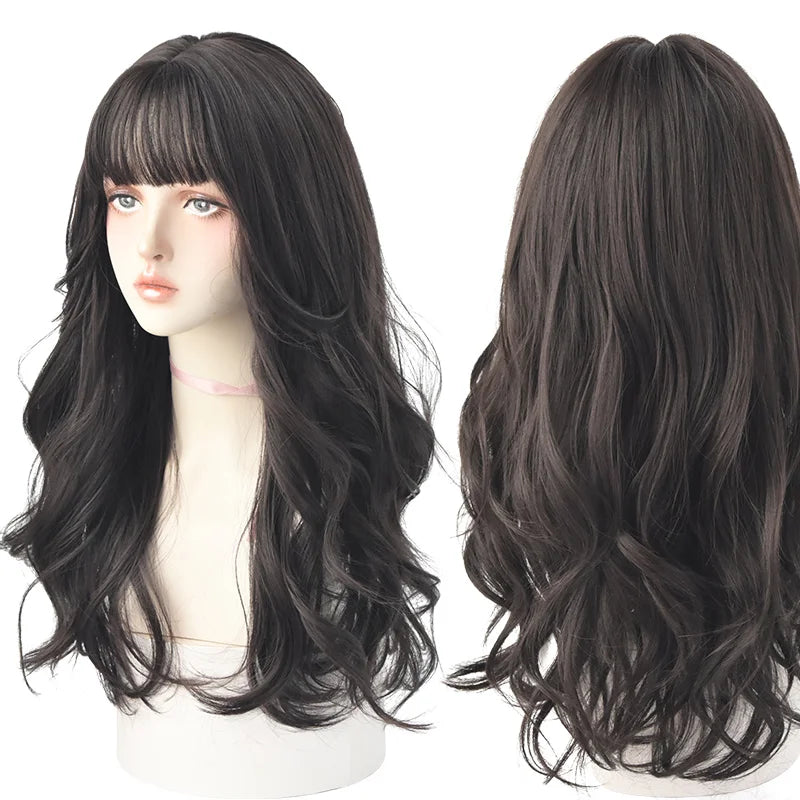 7JHHWIGS Long Wavy Synthetic Black Wigs For Women With Fringe Fashion Heat Resistant Mid-Length Daily Straight Light Brown Hair