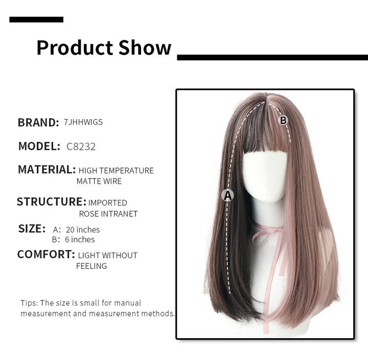 7JHHWIGS Long Wavy Synthetic Black Wigs For Women With Fringe Fashion Heat Resistant Mid-Length Daily Straight Light Brown Hair
