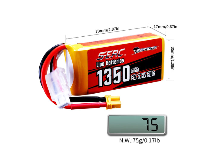 2packs Sunpadow 2S 7.4V Lipo Battery 900mAh 1350mAh 20C 25C Soft Pack with JST XT30 Plug for RC Airplane Quadcopter Helicopter