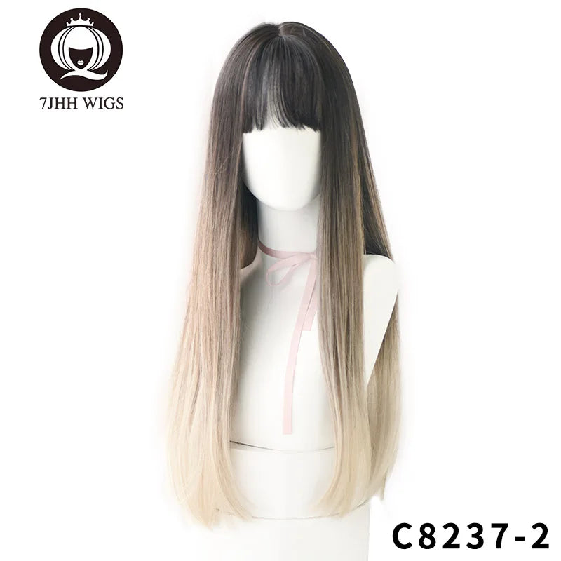7JHHWIGS Long Wavy Synthetic Black Wigs For Women With Fringe Fashion Heat Resistant Mid-Length Daily Straight Light Brown Hair