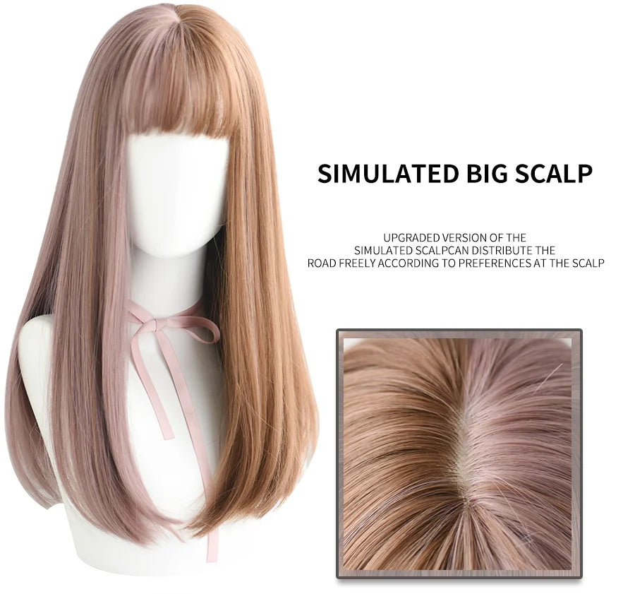7JHHWIGS Long Wavy Synthetic Black Wigs For Women With Fringe Fashion Heat Resistant Mid-Length Daily Straight Light Brown Hair