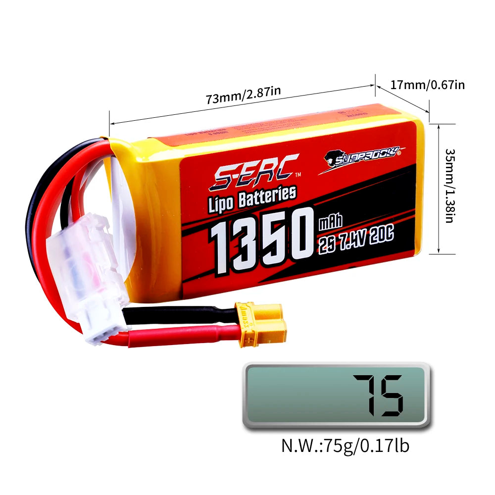 2packs Sunpadow 2S 7.4V Lipo Battery 900mAh 1350mAh 20C 25C Soft Pack with JST XT30 Plug for RC Airplane Quadcopter Helicopter