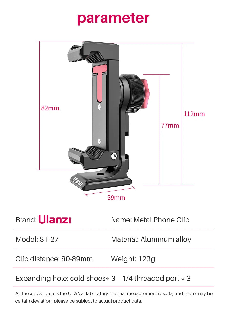 Ulanzi ST-27 Metal Vertical Shooting Phone Mount Holder Clip with Cold Shoe for Rode Wireless Go Microphone Video Light Vlog