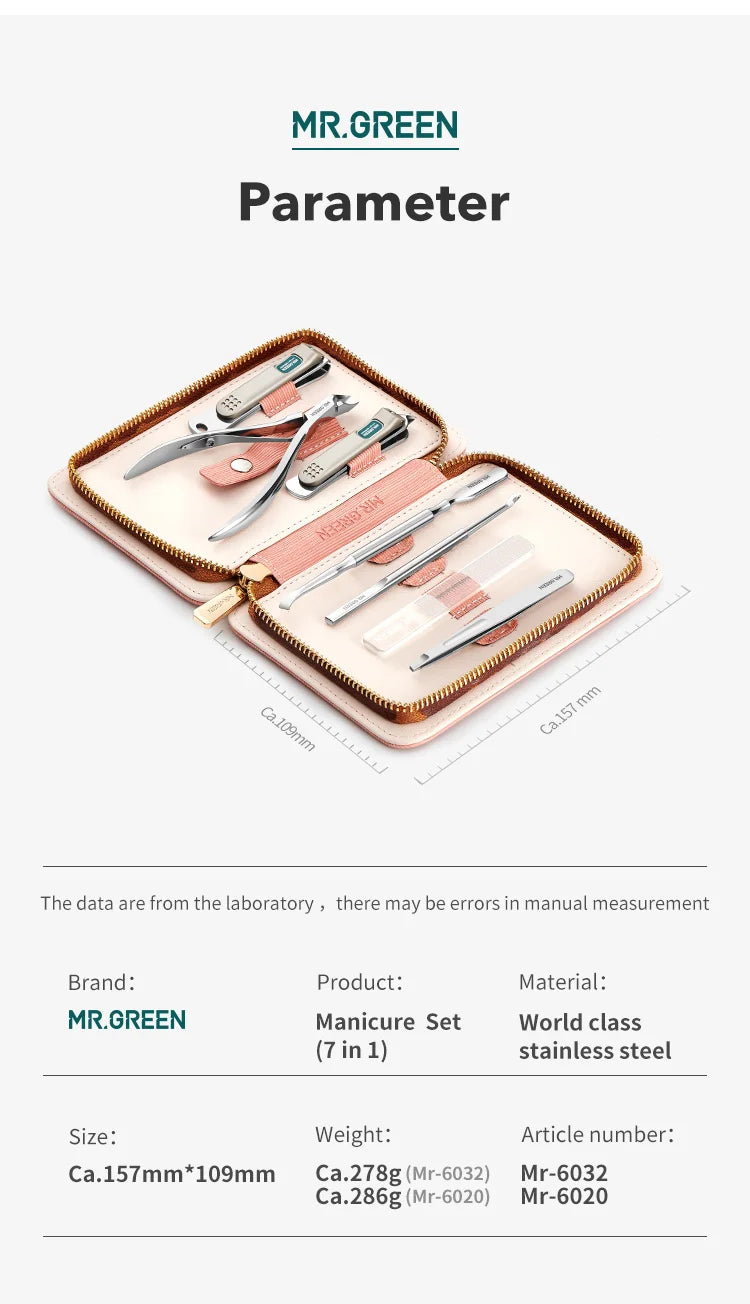 MR.GREEN Manicure Set Pedicure Sets Nail Clippers Tools Stainless Steel Professional Nail Scissors Cutter Travel Case Kit 7in1