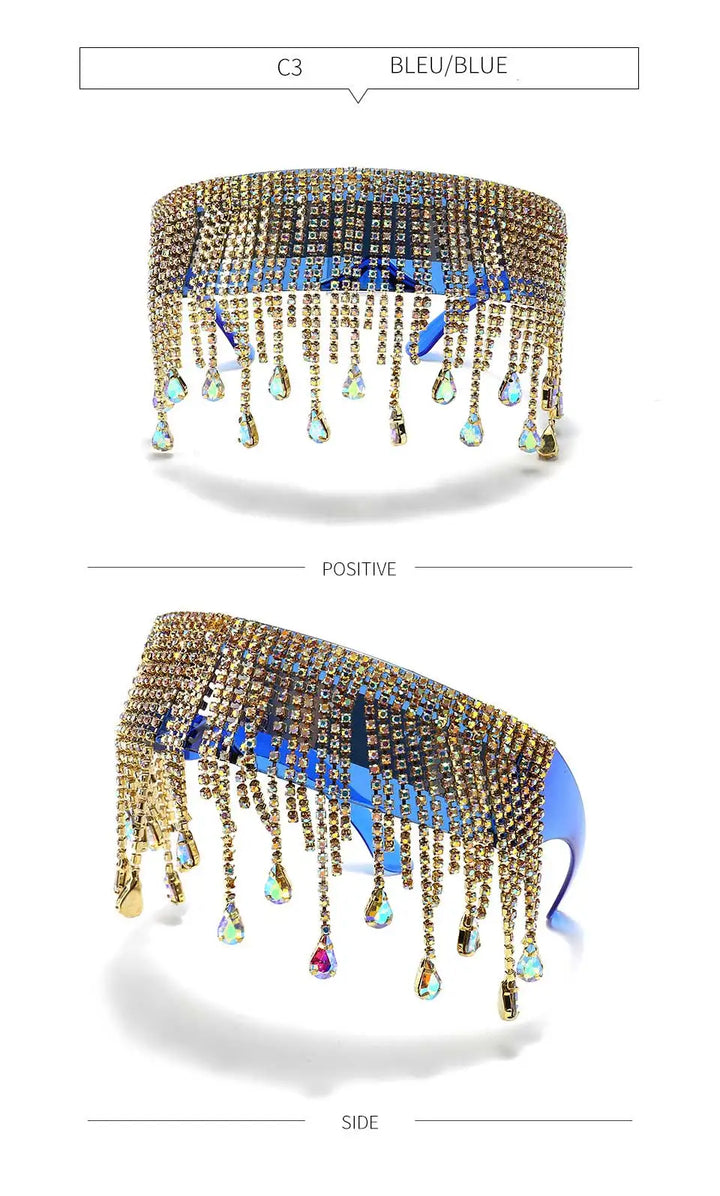 Fashion Luxury Full Diamond Tassel Sunglasses Men Colorful Glasses Crystal Design Steampunk Windproof Sun Glasses Women