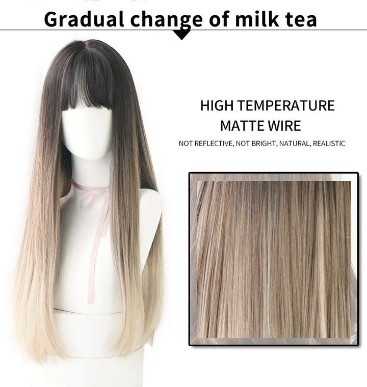 7JHHWIGS Long Wavy Synthetic Black Wigs For Women With Fringe Fashion Heat Resistant Mid-Length Daily Straight Light Brown Hair