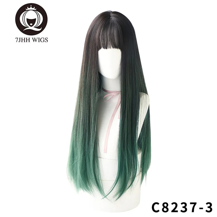 7JHHWIGS Long Wavy Synthetic Black Wigs For Women With Fringe Fashion Heat Resistant Mid-Length Daily Straight Light Brown Hair