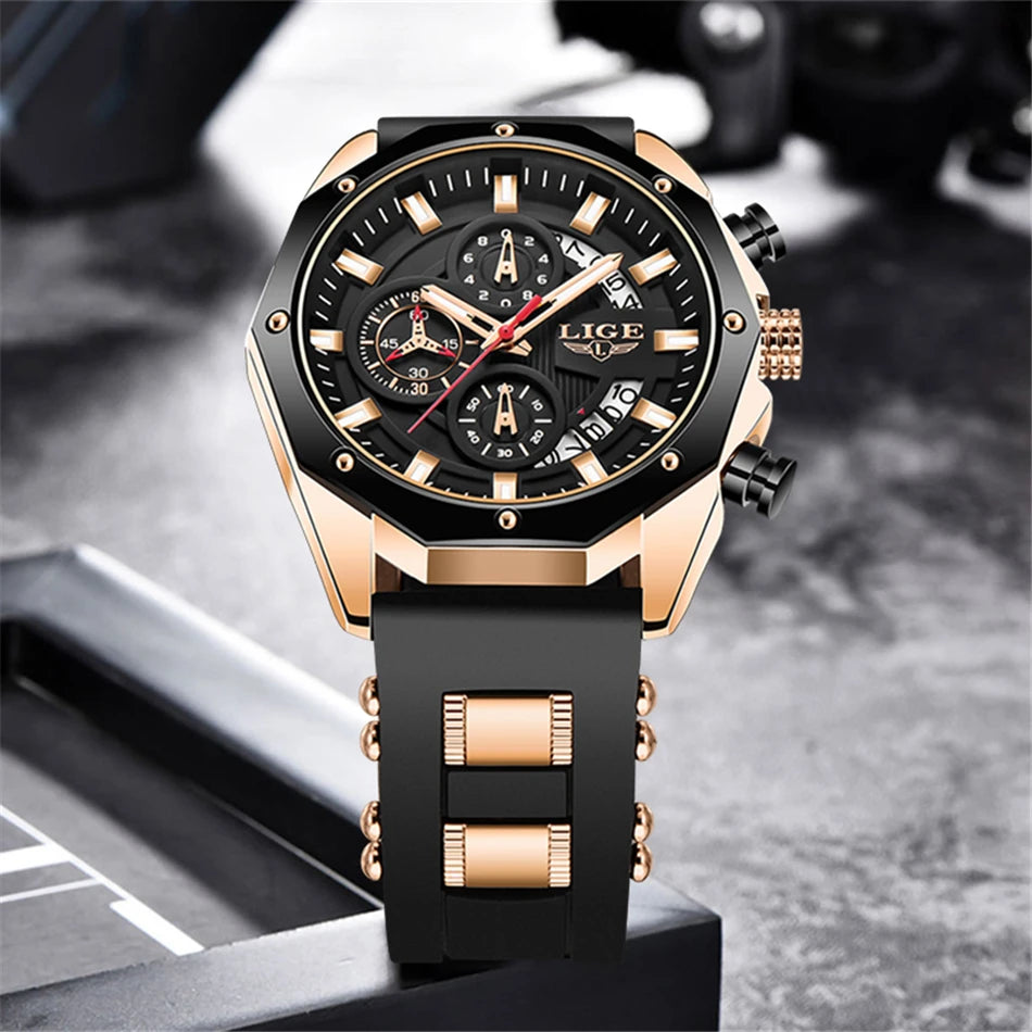 LIGE Brand Watch Men Silcone Sports Watches Men's Army Military Quartz Wristwatch Chronograph Male Clock Relogio Masculino+BOX