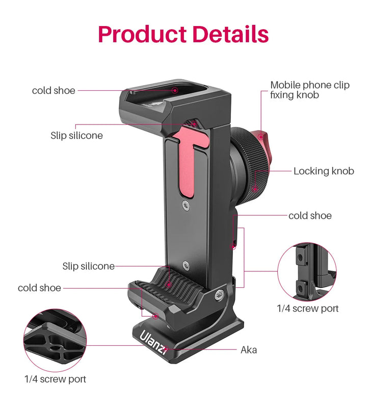Ulanzi ST-27 Metal Vertical Shooting Phone Mount Holder Clip with Cold Shoe for Rode Wireless Go Microphone Video Light Vlog