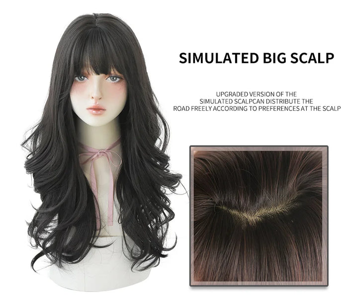 7JHHWIGS Long Wavy Synthetic Black Wigs For Women With Fringe Fashion Heat Resistant Mid-Length Daily Straight Light Brown Hair
