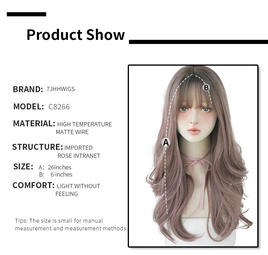 7JHHWIGS Long Wavy Synthetic Black Wigs For Women With Fringe Fashion Heat Resistant Mid-Length Daily Straight Light Brown Hair