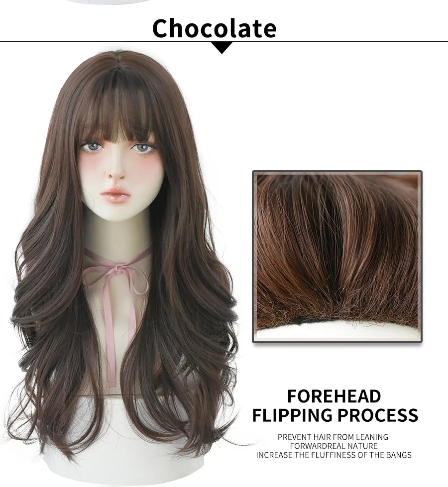 7JHHWIGS Long Wavy Synthetic Black Wigs For Women With Fringe Fashion Heat Resistant Mid-Length Daily Straight Light Brown Hair