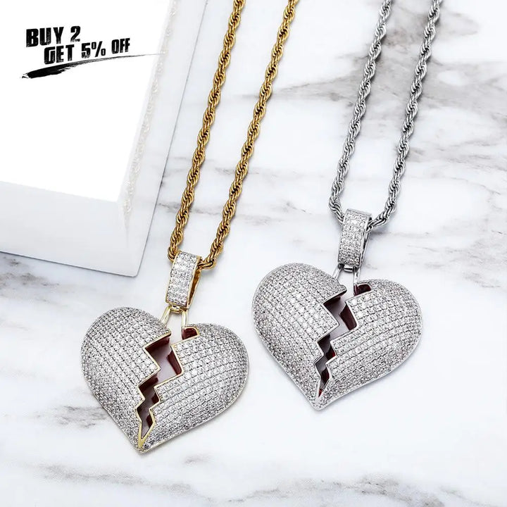 JINAO Fashion Broken Heart Iced Out Chain Pendant Necklace Statement Gold Color Cubic Zircon Necklace Hip Hop Men's Jewelry Gift