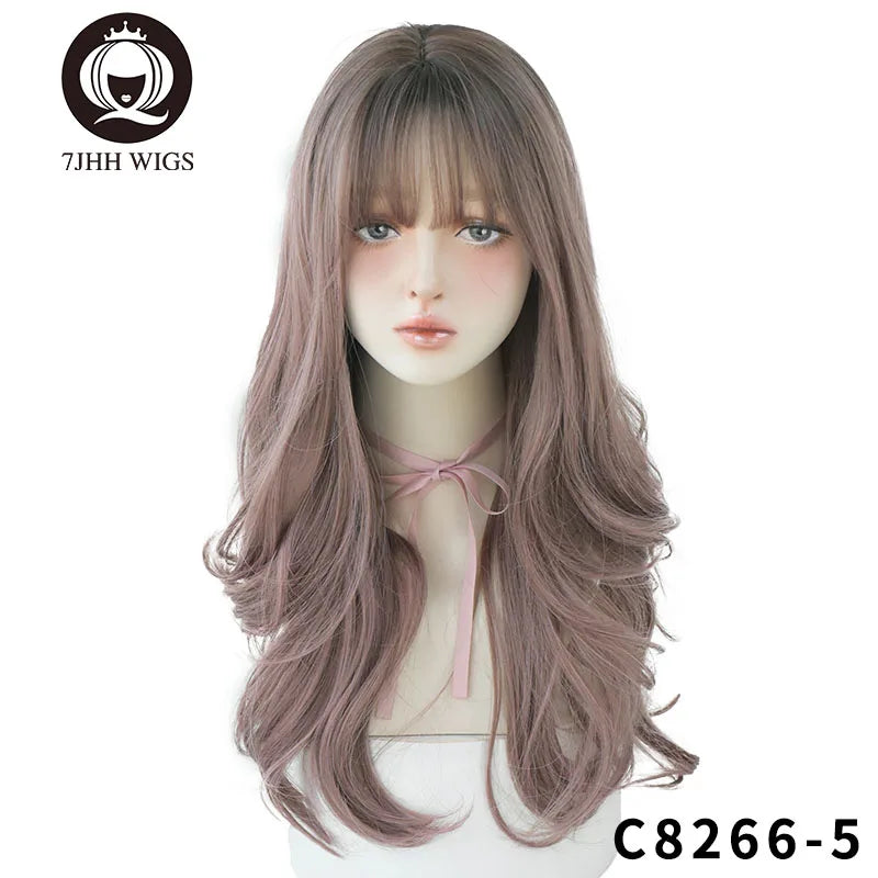 7JHHWIGS Long Wavy Synthetic Black Wigs For Women With Fringe Fashion Heat Resistant Mid-Length Daily Straight Light Brown Hair