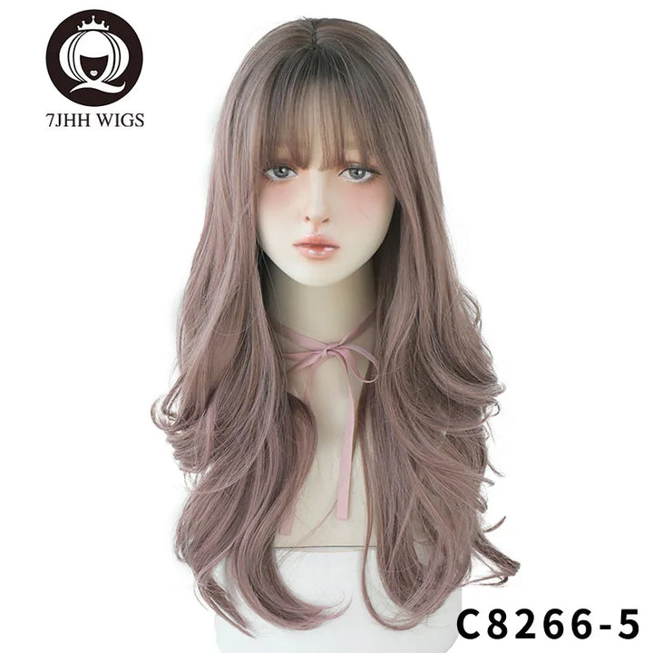 7JHHWIGS Long Wavy Synthetic Black Wigs For Women With Fringe Fashion Heat Resistant Mid-Length Daily Straight Light Brown Hair