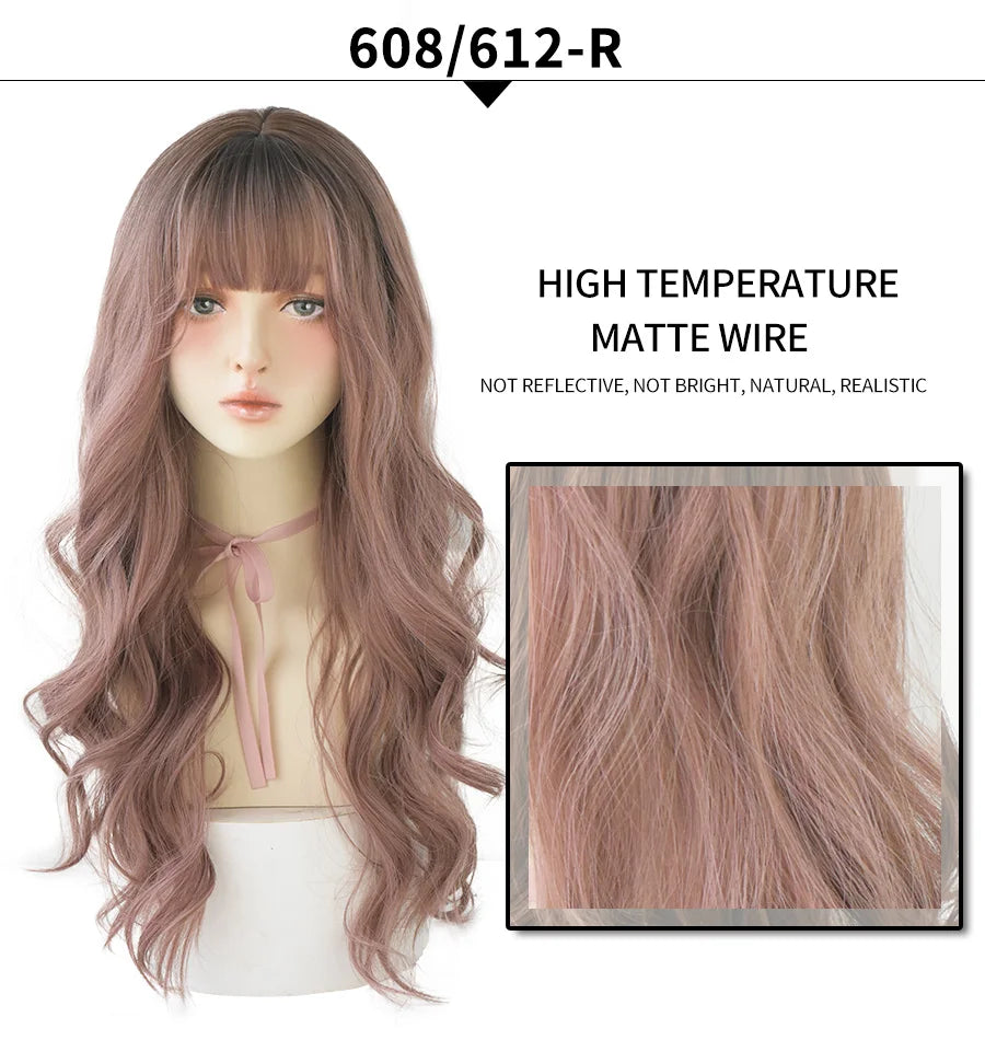 7JHHWIGS Long Wavy Synthetic Black Wigs For Women With Fringe Fashion Heat Resistant Mid-Length Daily Straight Light Brown Hair