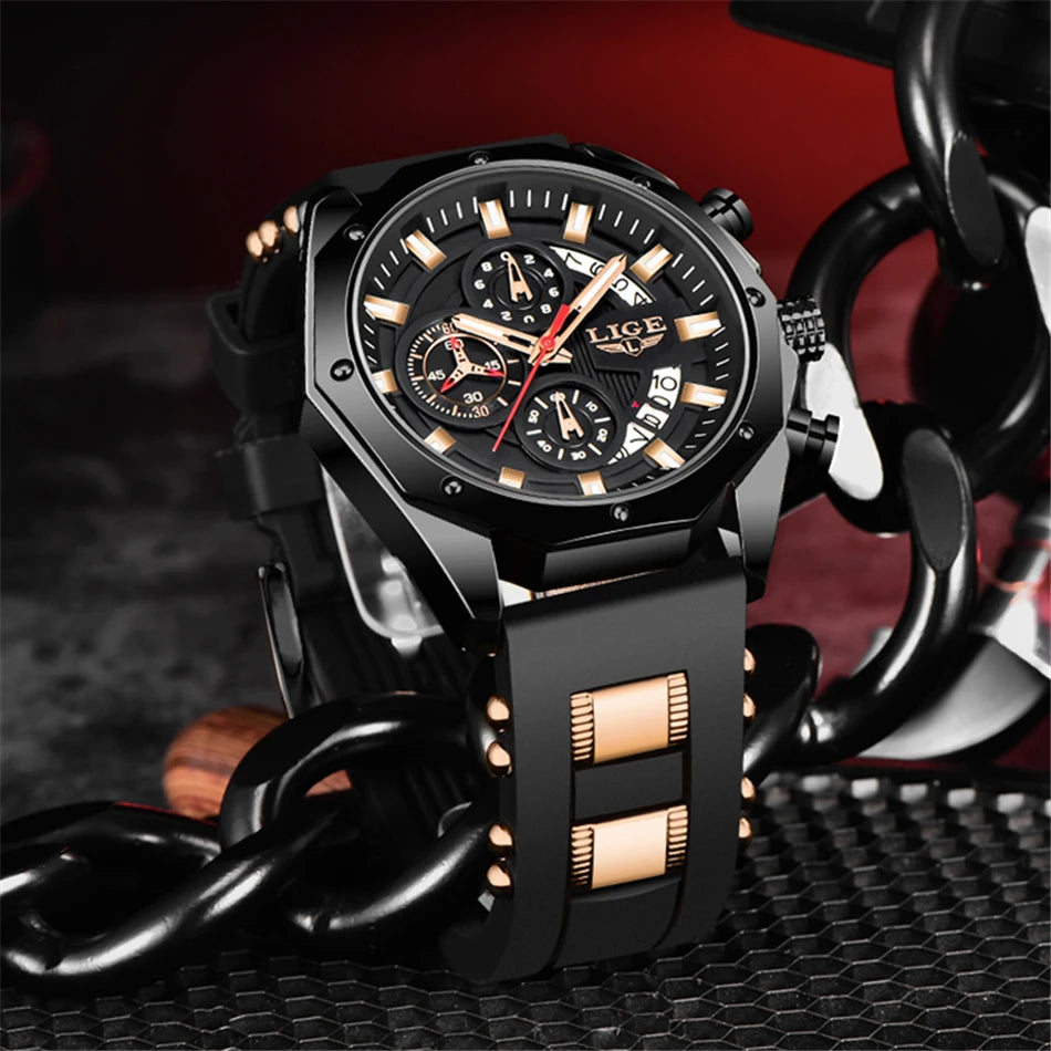 LIGE Brand Watch Men Silcone Sports Watches Men's Army Military Quartz Wristwatch Chronograph Male Clock Relogio Masculino+BOX