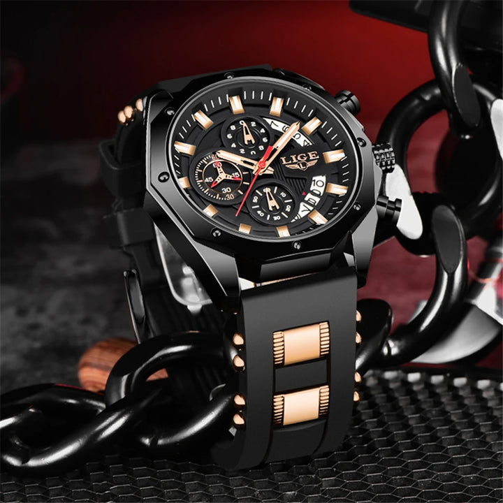 LIGE Brand Watch Men Silcone Sports Watches Men's Army Military Quartz Wristwatch Chronograph Male Clock Relogio Masculino+BOX