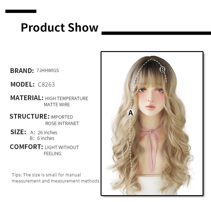7JHHWIGS Long Wavy Synthetic Black Wigs For Women With Fringe Fashion Heat Resistant Mid-Length Daily Straight Light Brown Hair