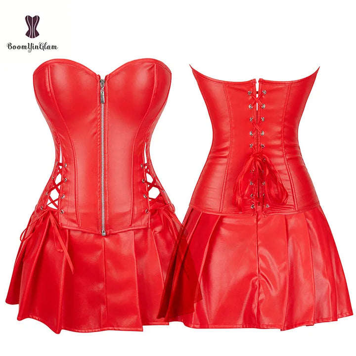 size s to 6xl zip up women corsets & bustiers sexy dress slimming body shapewear faux leather corset top with mini skirt 829#