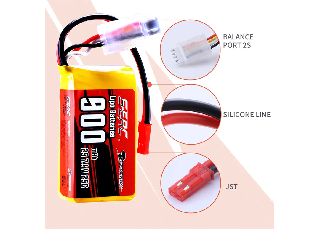 2packs Sunpadow 2S 7.4V Lipo Battery 900mAh 1350mAh 20C 25C Soft Pack with JST XT30 Plug for RC Airplane Quadcopter Helicopter