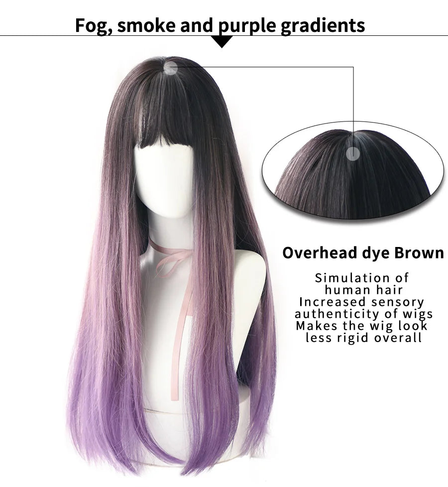 7JHHWIGS Long Wavy Synthetic Black Wigs For Women With Fringe Fashion Heat Resistant Mid-Length Daily Straight Light Brown Hair