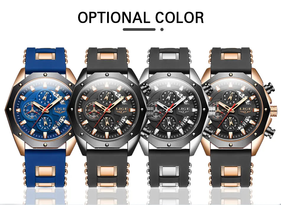 LIGE Brand Watch Men Silcone Sports Watches Men's Army Military Quartz Wristwatch Chronograph Male Clock Relogio Masculino+BOX