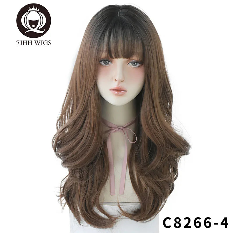 7JHHWIGS Long Wavy Synthetic Black Wigs For Women With Fringe Fashion Heat Resistant Mid-Length Daily Straight Light Brown Hair
