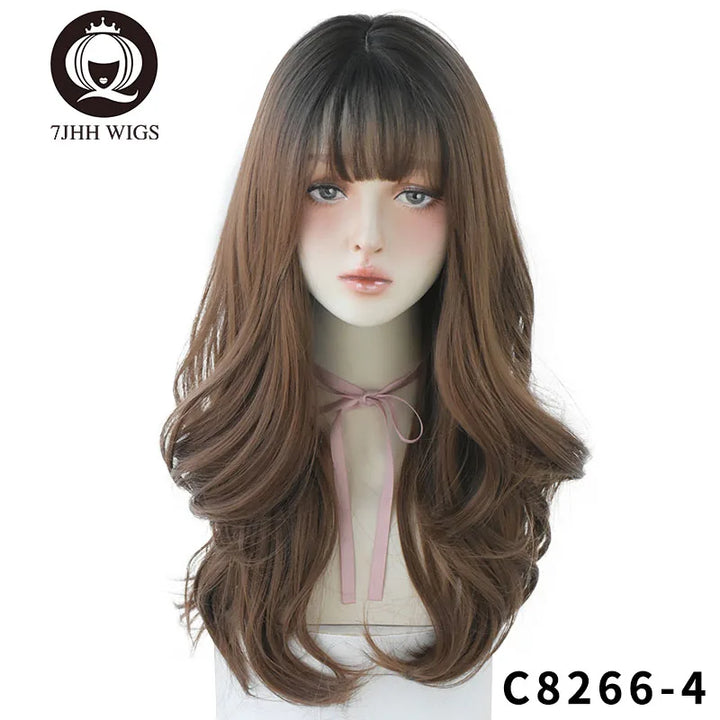 7JHHWIGS Long Wavy Synthetic Black Wigs For Women With Fringe Fashion Heat Resistant Mid-Length Daily Straight Light Brown Hair