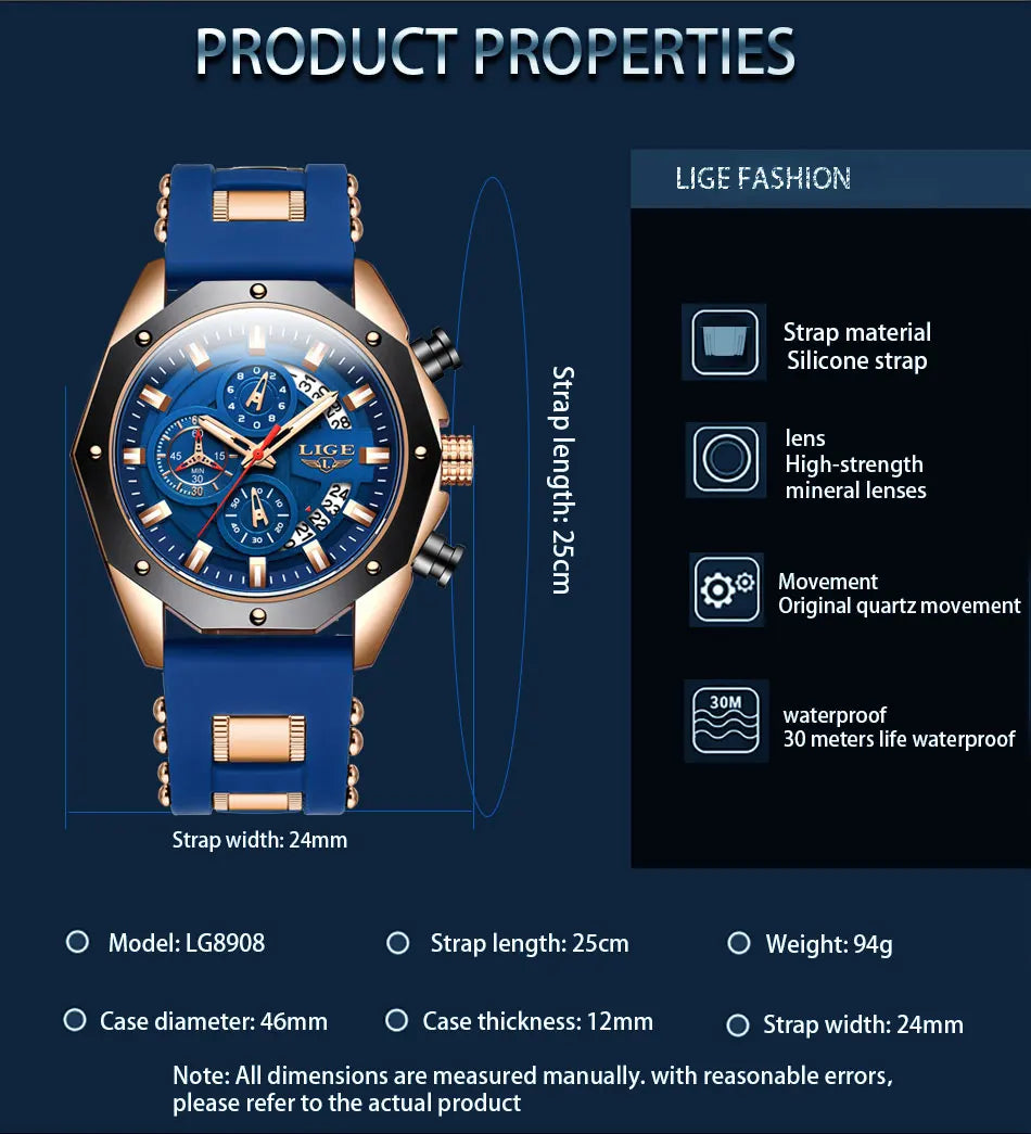 LIGE Brand Watch Men Silcone Sports Watches Men's Army Military Quartz Wristwatch Chronograph Male Clock Relogio Masculino+BOX
