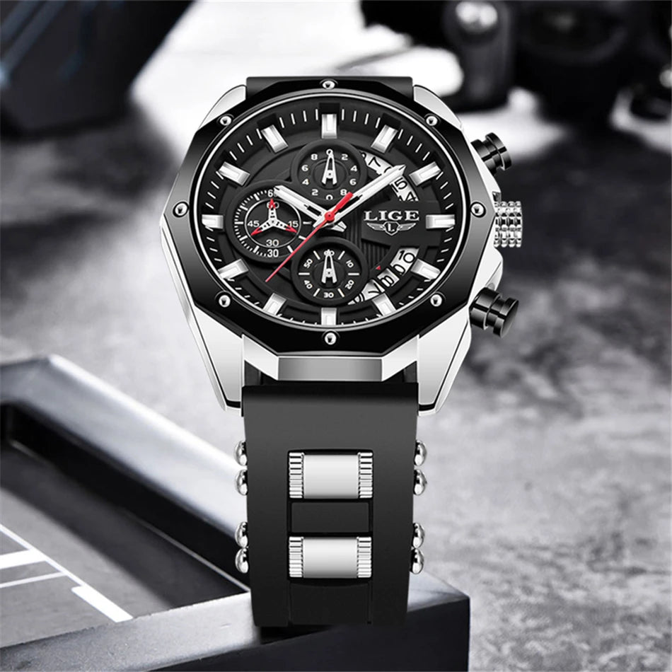 LIGE Brand Watch Men Silcone Sports Watches Men's Army Military Quartz Wristwatch Chronograph Male Clock Relogio Masculino+BOX