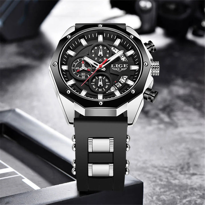 LIGE Brand Watch Men Silcone Sports Watches Men's Army Military Quartz Wristwatch Chronograph Male Clock Relogio Masculino+BOX